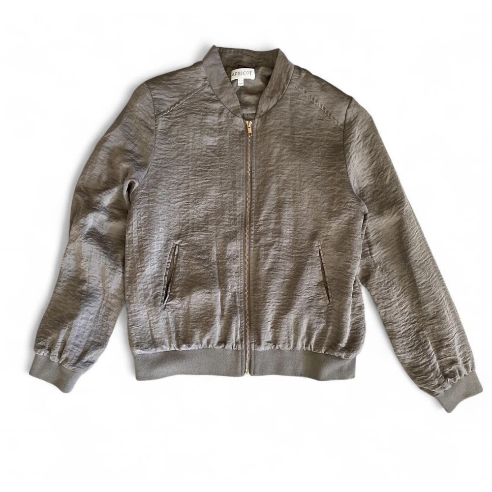 Women's Apricot Bomber Jacket‎ Size Medium Zip Up Shimmer Khaki Green EUC